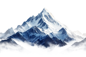 A highly detailed and realistic digital illustration of a snow-capped mountain range, isolated on a transparent background.