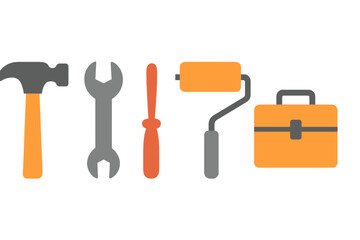 Various tools for home improvement and repair displayed against a white background