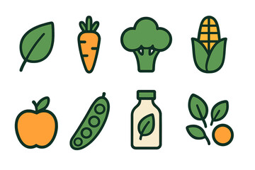 Assorted vegetables and fruits including leafy greens, carrots, and juice in colorful illustrations