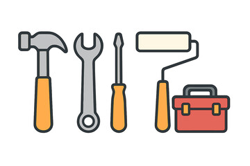 Essential tools for home improvement projects including hammer, screwdriver, wrench, paint roller, and toolbox