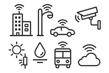Smart city icons illustrating interconnected technology for urban development and sustainability initiatives