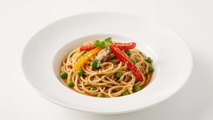 Creamy sauced spaghetti accompanied by smoked mackerel, peas, diced bell pepper, and parsley on a white plate set on a white surface.