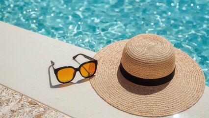 Clear blue poolside featuring a straw hat and sunglasses on marble surface