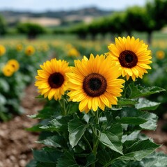 Naklejka premium Vibrant Yellow Sunflowers in a Sunny Field