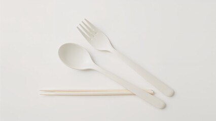 Melamine dining tools: spoon, fork, and chopsticks on a clean white background.