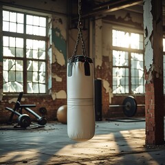 A professional photo of a blank white punching bag hanging from a rusty metal chain in an empty industrial gym with peeling paint, sunlight filtering through broken windows with shattered glass.