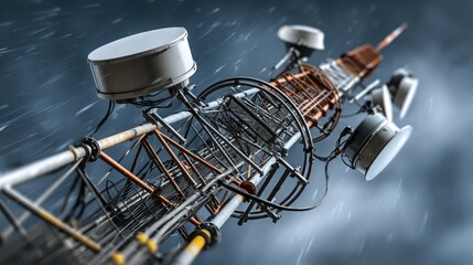 Close-up view of a communication tower in a storm.