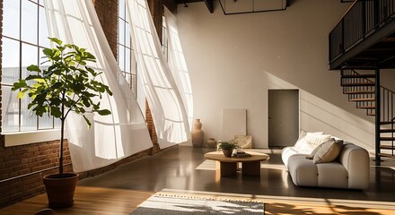 Sunlit Loft Apartment with Flowing Curtains and Brick Wall Architectural Details Creating a Cozy Interior Ambiance and Modern Home Design