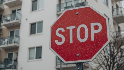 Fototapeta premium Traffic stop sign positioned before a housing complex