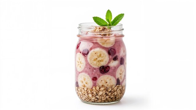 Vegan superfood morning bowl. Embracing health-conscious habits. Jar of smoothie with goji berries, oats, banana, and milk set on a white surface. - Powered by Adobe
