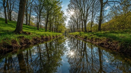 A spring brook shining with reflections of trees and sun