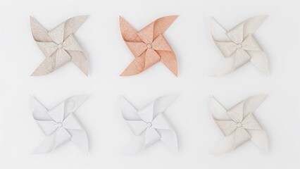 Obraz premium Six decorative pinwheels displayed on a clean white canvas