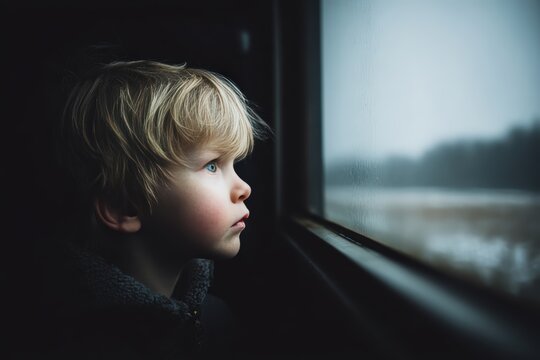 Thoughtful young boy gazing through window on a rainy day, reflecting emotion, childhood wonder, and pensive mood, indoor portrait shot in natural light