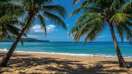 A serene tropical shore is perfect for unwinding, bordered by palm tree silhouettes at dusk.