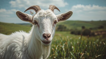 Obraz premium Smiling white goat captured in a pastoral landscape