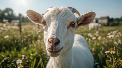 Fototapeta premium Close-up shot of a smiling white goat in a sunny field
