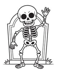 Funny skeleton standing with tombstone, creepy cute Halloween cartoon line art illustration for spooky kids coloring page