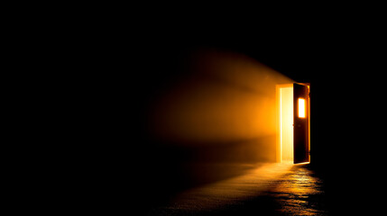a door opens a golden light in the black background