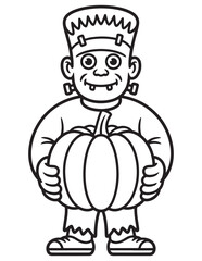 Cute Frankenstein monster holding pumpkin with big smile, fun Halloween cartoon line art illustration for children’s coloring page