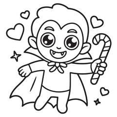 Adorable Little Vampire Boy Holding a Candy Cane in Cute Halloween Cartoon Line Art Style for Coloring Pages
