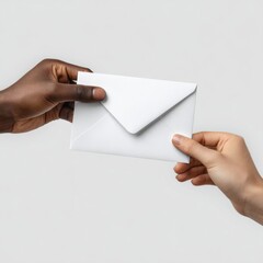 Hands Exchanging White Envelope on Neutral Background, Symbolizing Communication