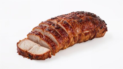 Smoked and peppered pork roast with a shiny glaze, set on a white background
