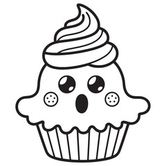 Sweet Halloween Cupcake with a Cute Ghost Face in Whipped Cream Topping, Fun Cartoon Line Art Illustration for Coloring Pages