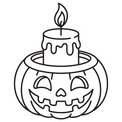 Adorable Halloween Line Art Illustration of a Jack-O’-Lantern Pumpkin with a Candle on Top, Cute Kawaii Spooky Season Coloring Page for Kids