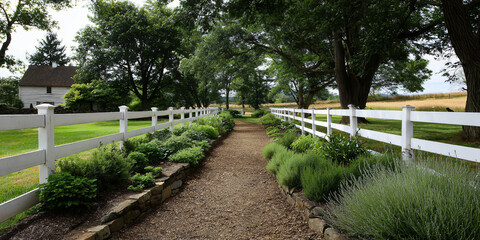 Charming Farmhouse White Rail Fence Enclosing Lush Garden with Rustic Wooden Posts and Floral Borders in Soft Sunlight