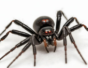 A close-up view of a black widow spider on a white background. A spider on white.