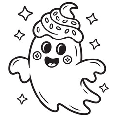 Adorable ghost cupcake topped with whipped cream and sprinkles, kawaii spooky dessert cartoon line art coloring page
