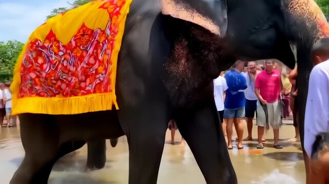 Decorated elephants wading through shallow water, amidst a crowd