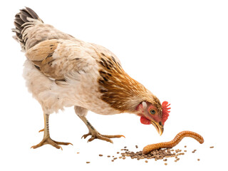 Fototapeta premium Domestic Hen Pecking at Mealworm on White Background on transparent background