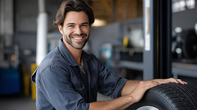 A mechanic smiles while changing tires in gentle light