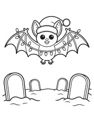 Cute Christmas bat wearing Santa hat with jingle bells on wings in festive spooky style, coloring page