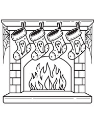 Cozy Christmas fireplace with ghost-themed stockings and winter garland in spooky cute holiday style, coloring page
