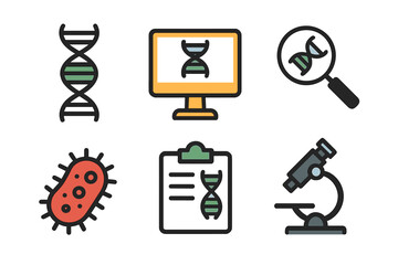 Exploring genetic research tools and symbols showcasing DNA, bacteria, and microscopy in a laboratory setting