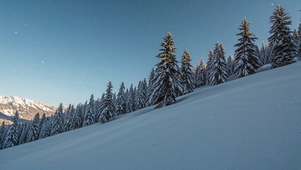 Fototapeta premium Beautiful Winter Landscape Featuring Snow-Covered Hills and Evergreen Trees
