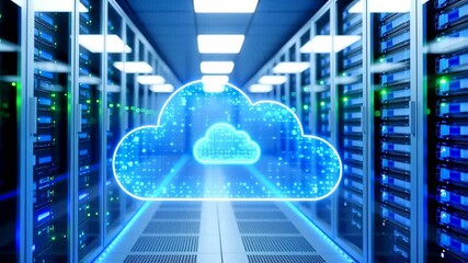 Data Center Cloud: Digital Information Flow in Server Room with Blue Neon Glow - Powered by Adobe