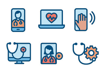 Illustration of telehealth and digital healthcare concepts featuring devices and medical symbols