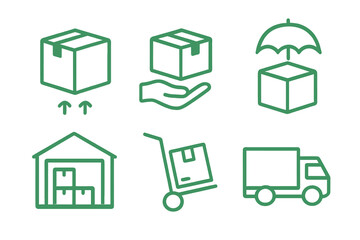 Collection of delivery and packaging icons representing various shipping and logistics processes