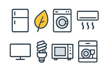 Symbols representing everyday household appliances and eco-friendly elements in a minimalist design
