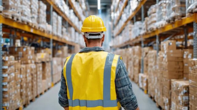 Warehouse Journey: An industrial worker navigates the orderly rows of a expansive warehouse, ensuring logistical precision amidst organized stacks and shelves of products.