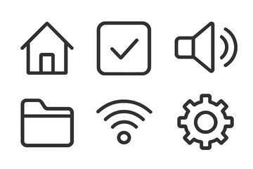 Icons depicting various symbols including house, checkmark, speaker, folder, Wi-Fi, and gear in a minimalistic design