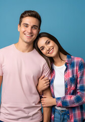 Fototapeta premium Happy young couple in love smiling portrait studio shot romance relationship togetherness happiness