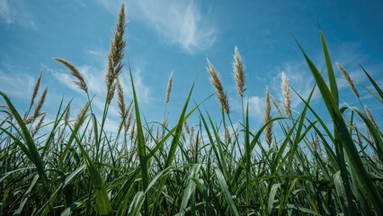 Fototapeta premium Tall green grass softly fluttering in the wind under a vast blue sky with room for writing