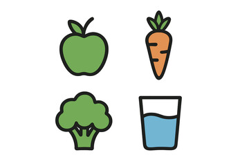 Healthy food choices including fruits, vegetables, and water represent a nutritious lifestyle