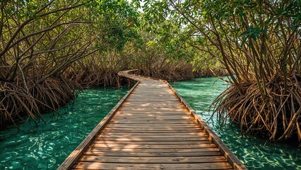 A boardwalk made of wood crossing a lively mangrove forest with sparkling turquoise seas in a protected area