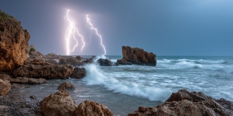 Lightning illuminates the rough ocean, waves smashing into the rocky coast