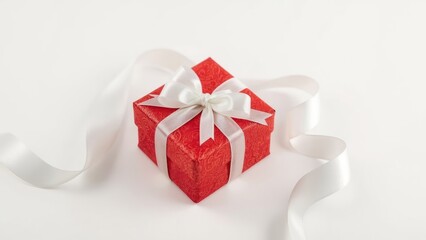Small ruby gift wrapped with a bow and ribbon, set on a white backdrop